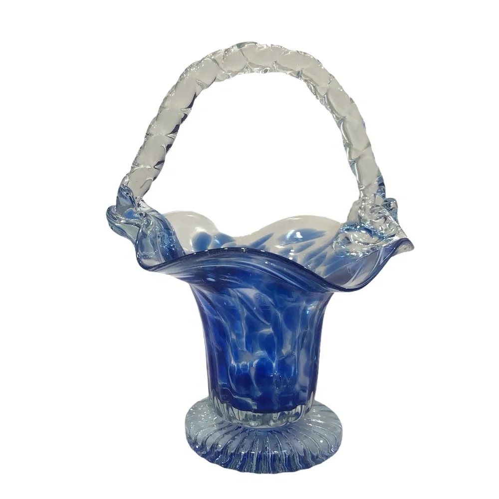 BLUE & CLEAR GLASS BASKET WITH RUFFLED WAVY EDGES